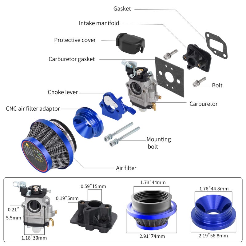 MTATCN 15mm Carburetor Upgrade Kit Air Filter Set Compatible with 2 Stroke 43cc 47cc 49cc Standup Gas Scooter ATV Quad Pocket Bike XG-550 BladeZ Moby X Blue - Image 2